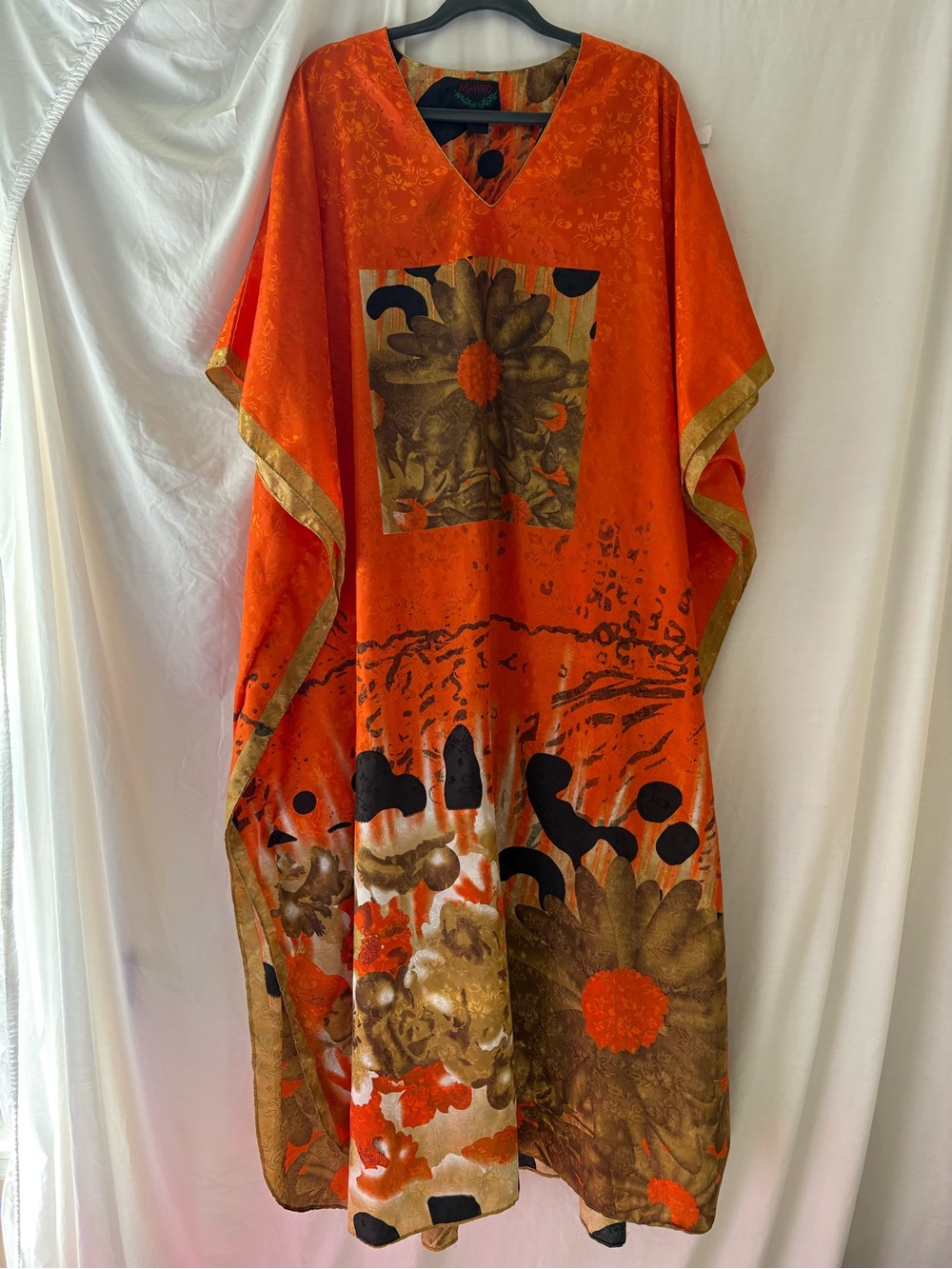 Ashro Orange Floral V-Neck Maxi Caftan with Gold Trim